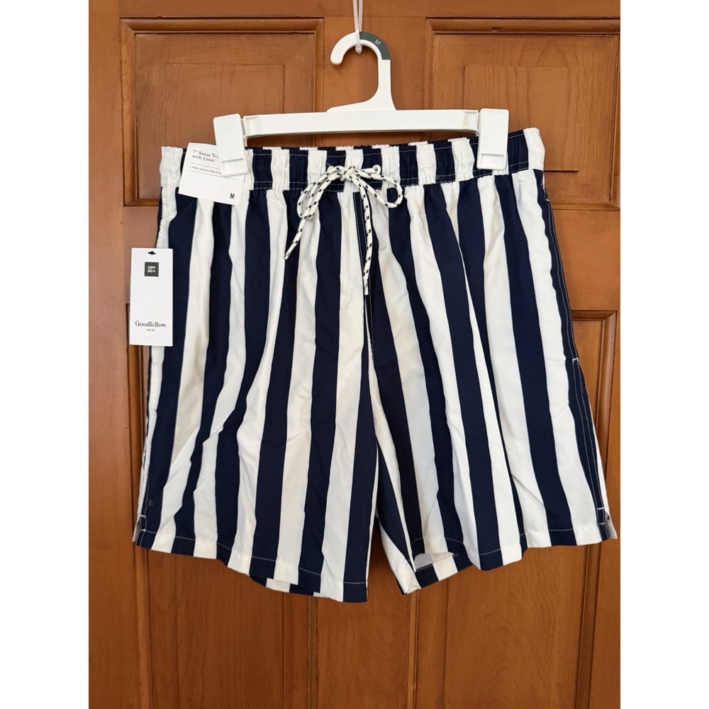 Men's Goodfellow 7" Swim Shorts Navy & White Stripe 4th Of July Medium Trunks